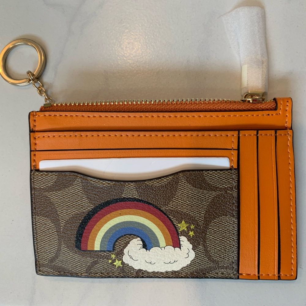 Coach XL, mini skinny ID case in signature canvas with rainbow, brand new